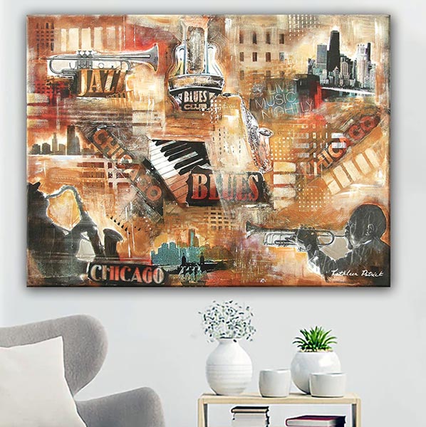 Music Art Print on Canvas - "Chicago Jazz and Blues" on a wall