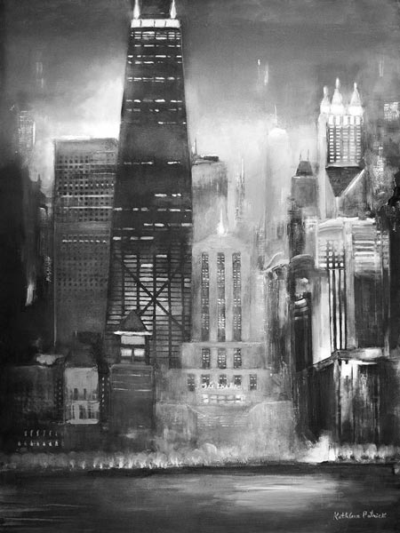 Chicago cityscape painting custom painted in black and white. Large scale Chicago artwork.