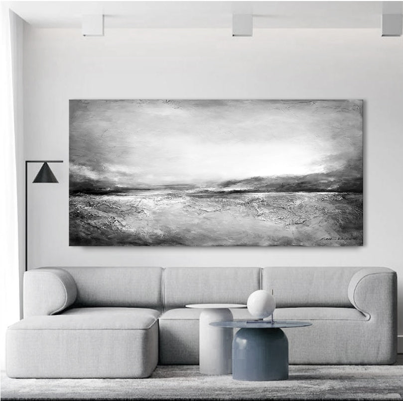 Neutral Abstract Landscape Canvas Print "With Evening Light" hung on a wall