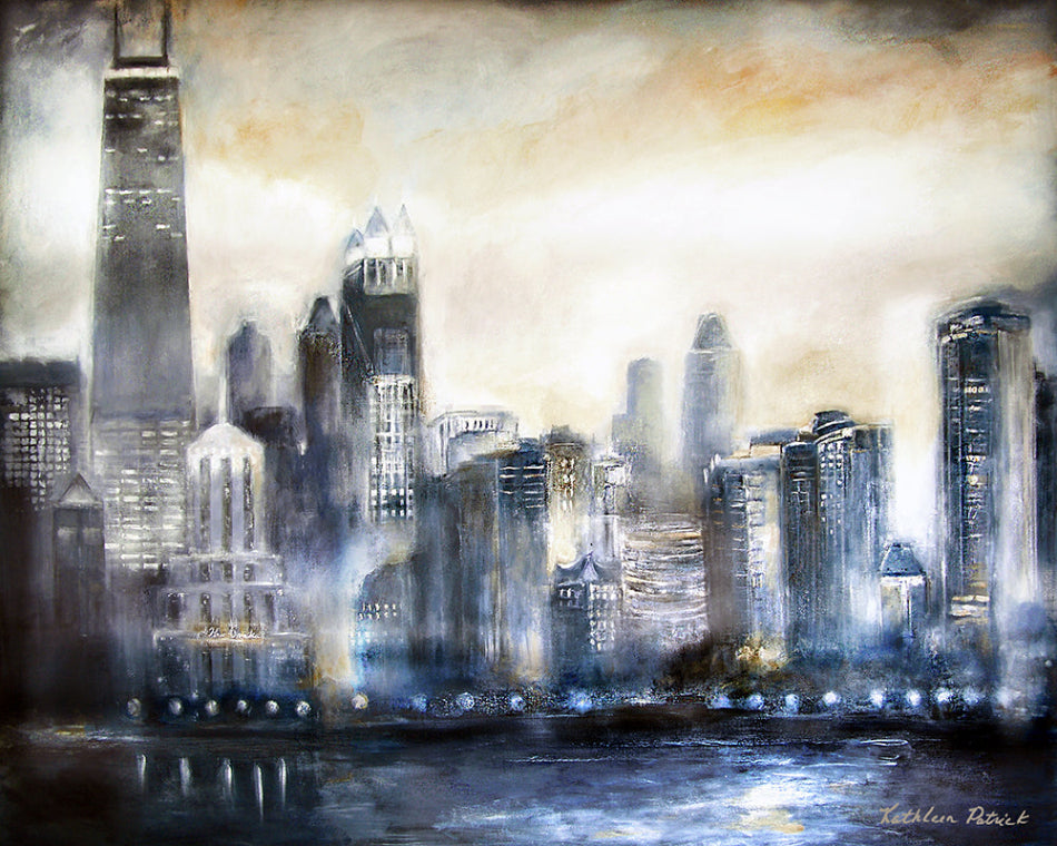 An original painting print on canvas of the Chicago skyline in the evening.