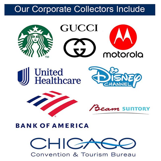 Corporate art clients include Disney, Gucci, Starbucks, Bank of America, Motorola and United Healthcare.