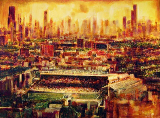 A colorful painting of Chicago Cub's Wrigley Field - now reporduced as a canvas print.