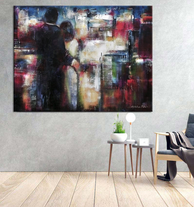 romantic couple in the city at night painting
