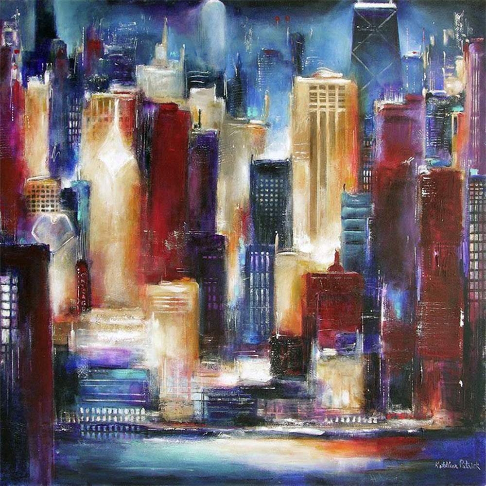 This skyline canvas print shows the skyline lit up with glowing color
