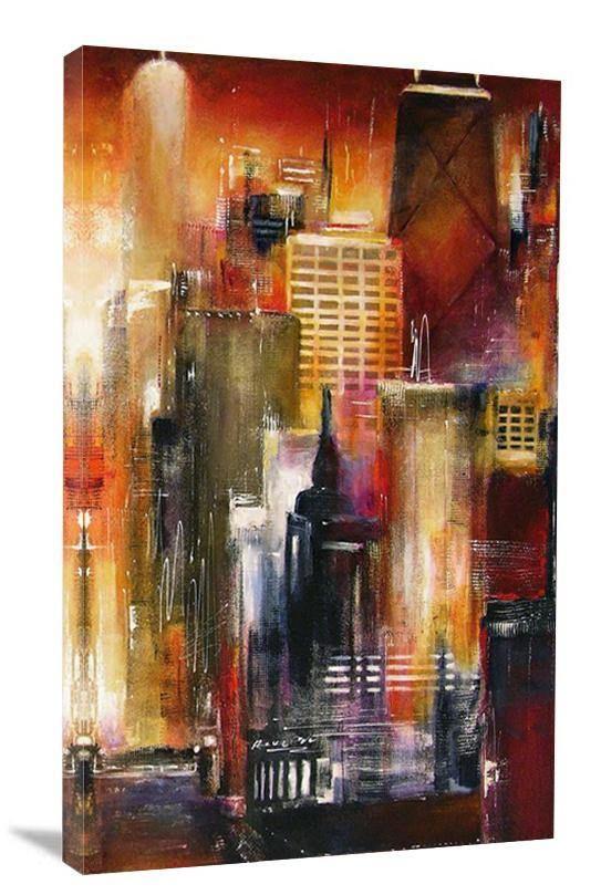 Painting Print - "Chicago Sunset River Skyline" - Chicago Skyline Art