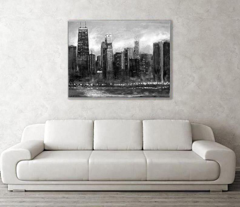 Neutral Colors | Gray | Original Cityscape Artwork Chicago - Chicago Skyline Art over sofa