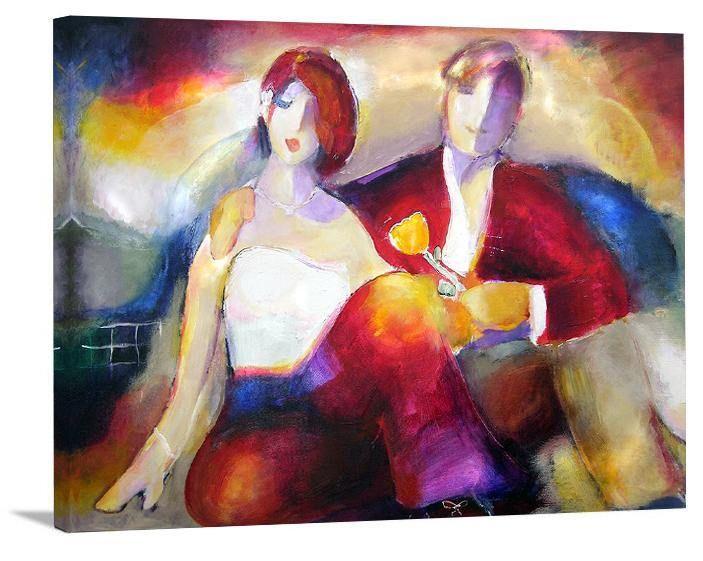 Contemporary Romantic Couple  Print on Canvas - "One Flower" - Chicago Skyline Art