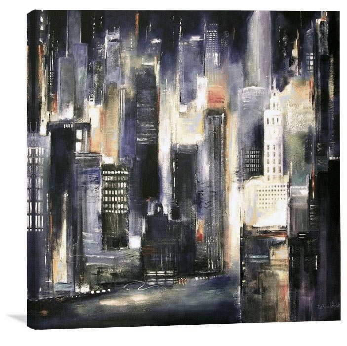 Chicago Skyline Painting Print - "Chicago River Tonight"- 3d