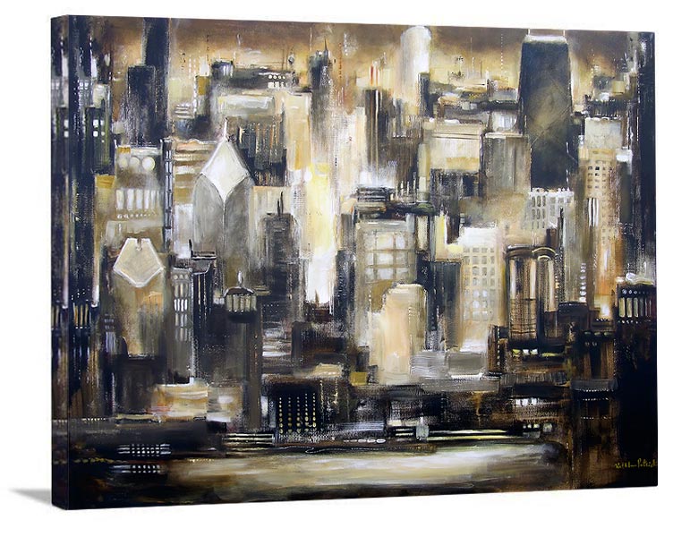 Chicago Skyline Canvas Art Print in neutrals, gold and brown.