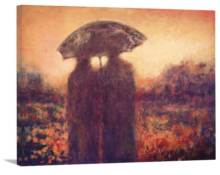 Romantic Couple Canvas Art Print  -"A Walk in the Autumn Rain" - Chicago Skyline Art