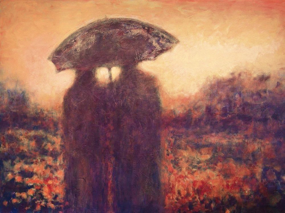 Romantic Couple Canvas Art Print  -"A Walk in the Autumn Rain" - Chicago Skyline Art