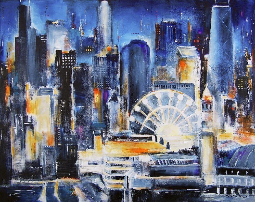 Painting Print of Chicago Navy Pier at night in blue.