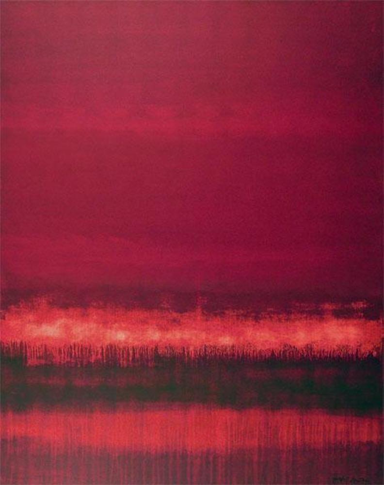 Fine art -  crimson abstract contemporary landscape painting.