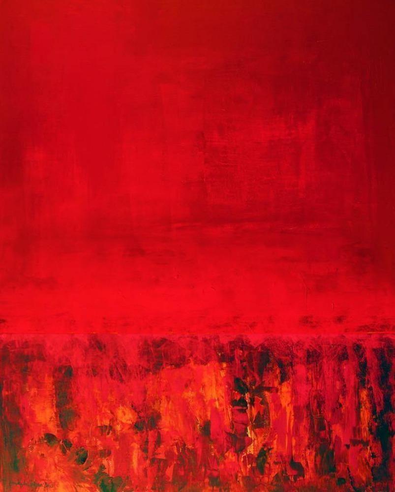Red abstract contemporary landscape print on canvas
