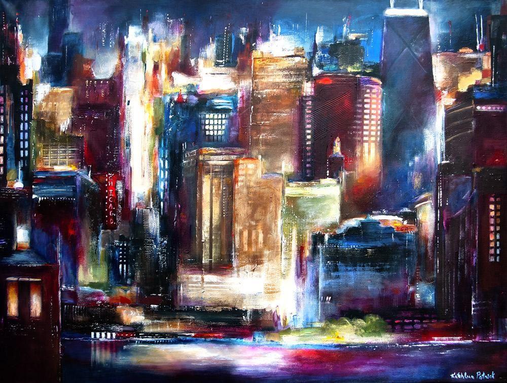 Original Cityscape Artwork Chicago - Chicago Skyline Canvas Print - "Chicago Skyline Tonight" 