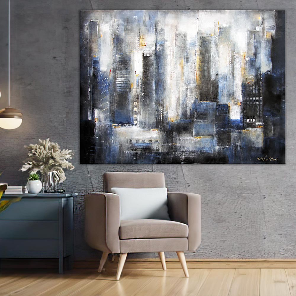 Abstract Skyline Print on Canvas in Neutral Colors in a room.