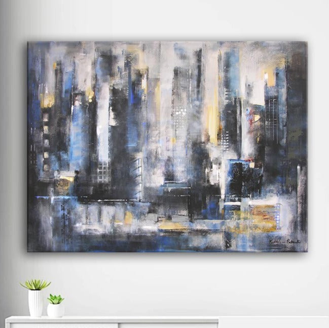Abstract Cityscape Canvas Art Print in a livingroom - "The City View" - Chicago Skyline Art