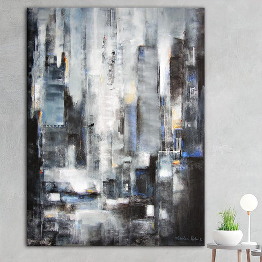Neutral Abstract Cityscape Canvas Print "Center of the City" in a room.