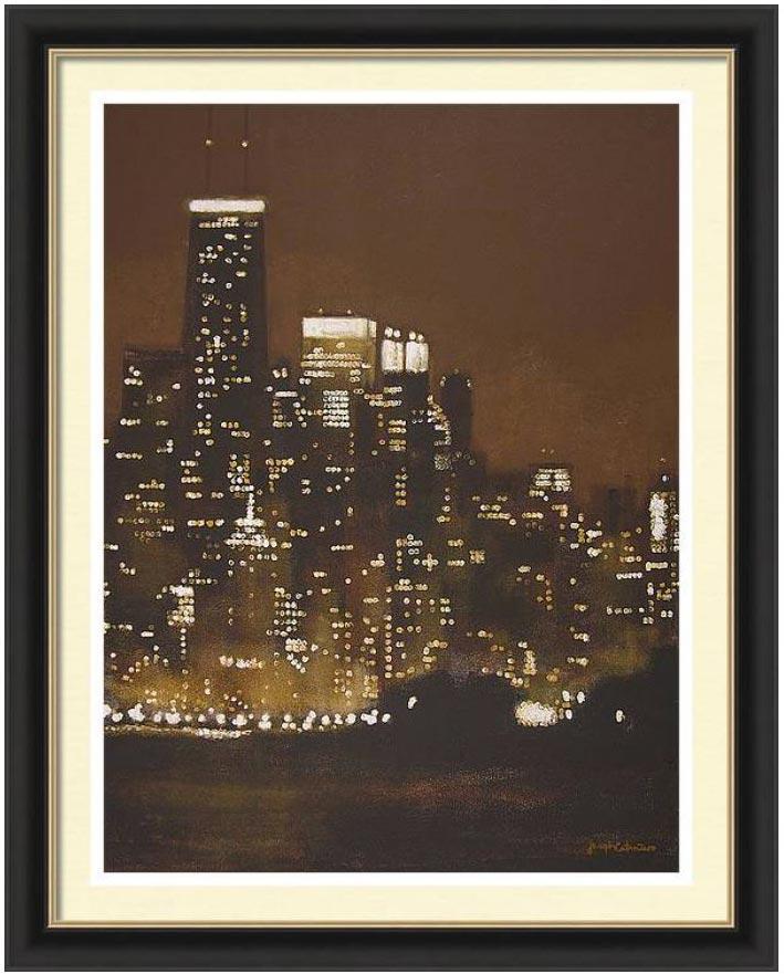 Chicago art framed print "Chicago Aglow" is based on an original Chicago skyline painting created by artist Joseph Catanzaro.