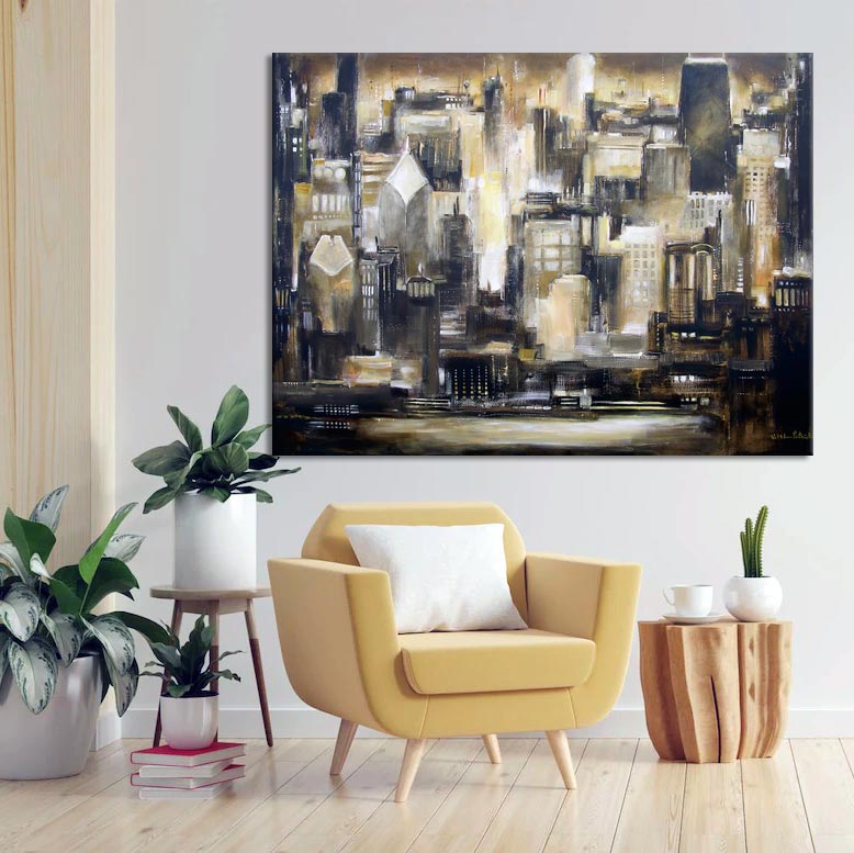 Chicago Skyline Canvas Art Print in neutrals, gold and brown in a room.