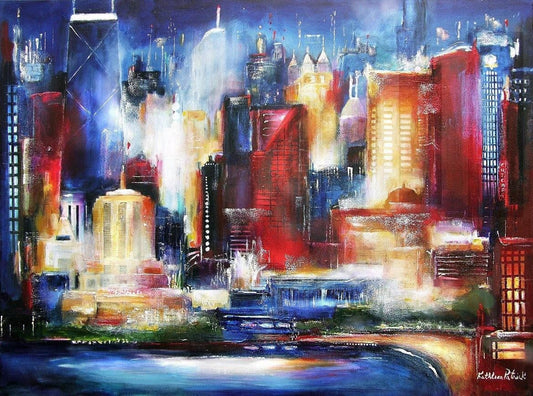 A vibrant canvas print of the Oak Beach shoreline at night.