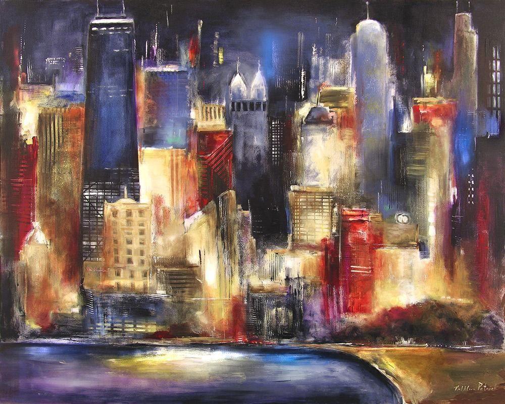 Chicago Skyline Painting Print on Canvas   A Colorful Late Evening View 