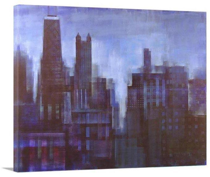 Late evening Chicago skyline painting print on canvas.