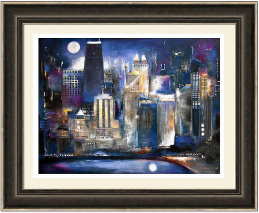 Chicago Skyline Framed Painting Print - Moon over Chicago