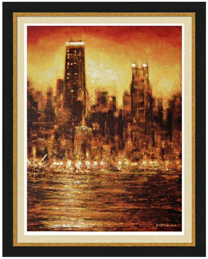 Chicago Skyline Framed Print  - "Chicago Sunset - As the Lights Go On" - Chicago Skyline Art
