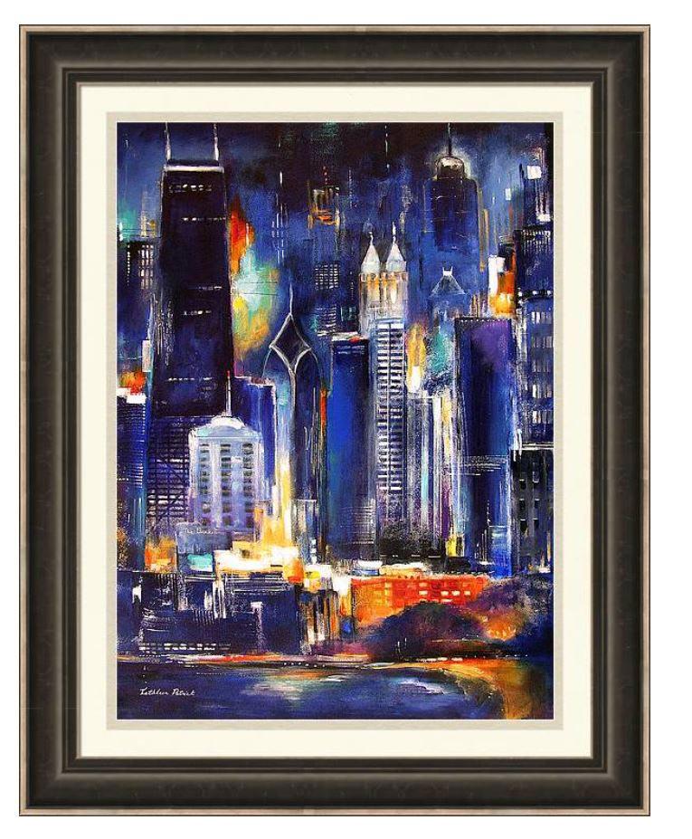 Chicago skyline at night framed and matted art print.