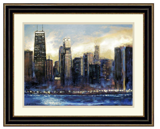 Chicago Skyline Framed Print "Chicago Sunset - Looking South" is based on an original Chicago painting created by artist Joseph Catanzaro.  