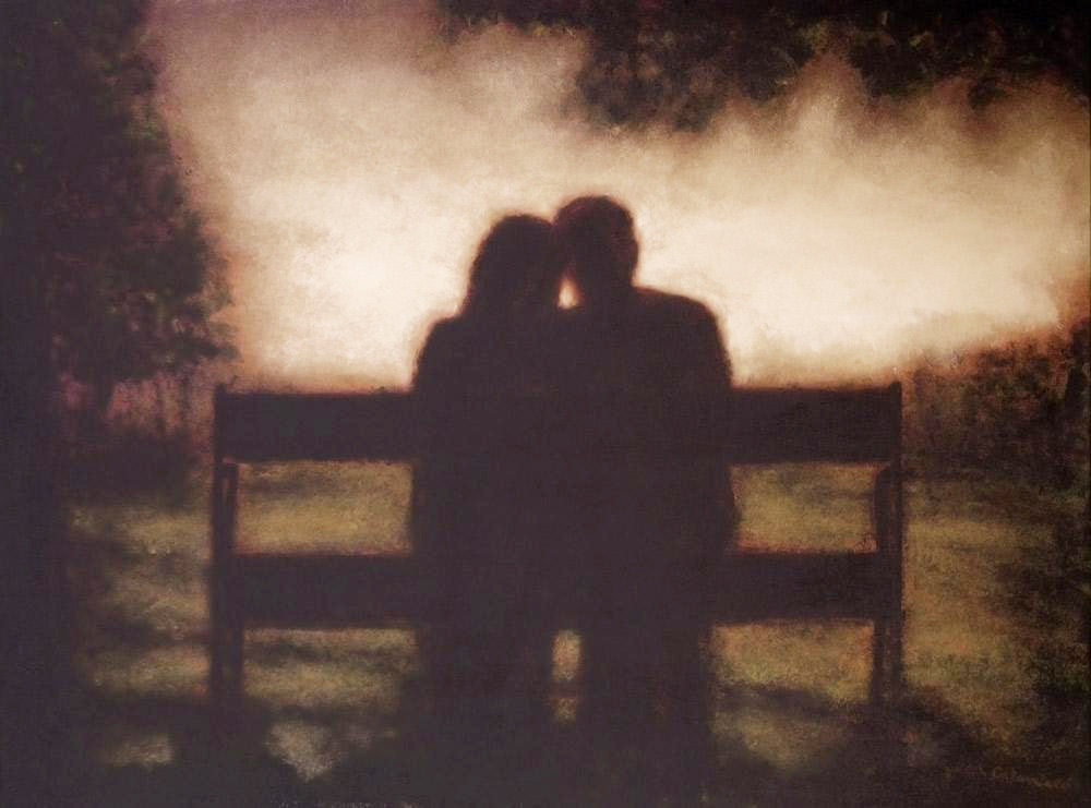 Canvas Print Romantic artwork of couple sitting on bench together.