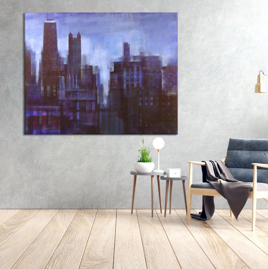 Chicago Cityscape Canvas Print - "Blue Chicago Skyline" in a room