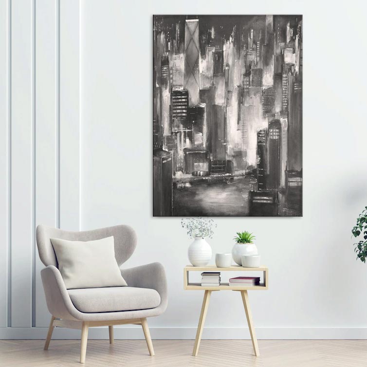 Chicago Cityscape Canvas Print "Night River View" in black and white