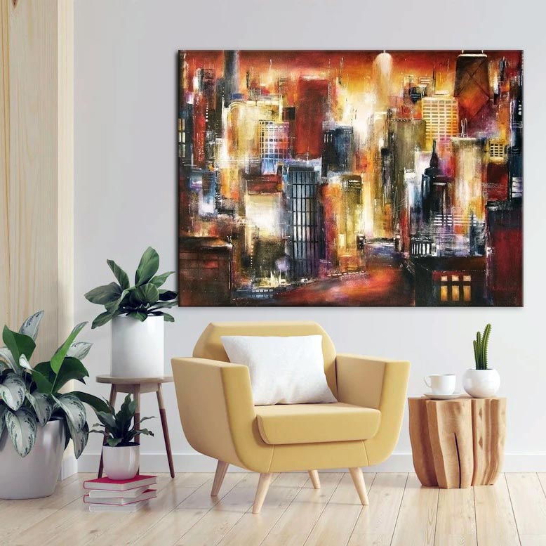 Chicago Cityscape Canvas Print - "On the Chicago River"  on a wall