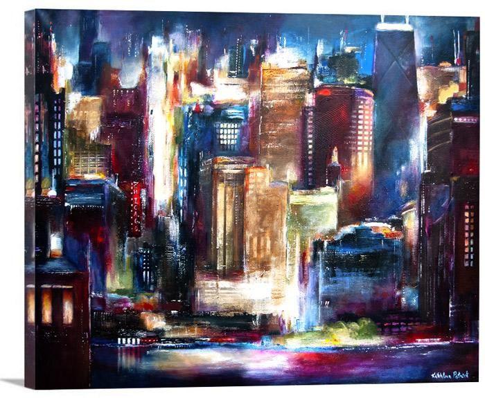 Original Cityscape Artwork Chicago - Chicago Skyline Canvas Print - "Chicago Skyline Tonight" 