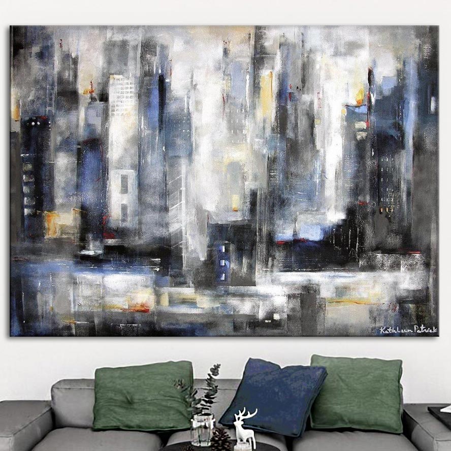 Neutral Abstract Cityscape Canvas Print - "Within a City" - on a living room wall.
