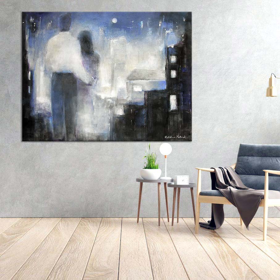 Romantic Couple Print on Canvas on a wall - "Together in the City" - Chicago Skyline Art