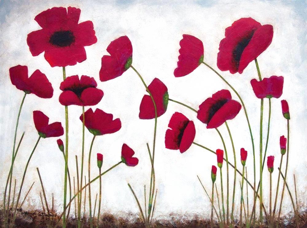 Red Poppy Painting Print on Canvas- " Poppies in the Summer Noon Sun" - Chicago Skyline Art