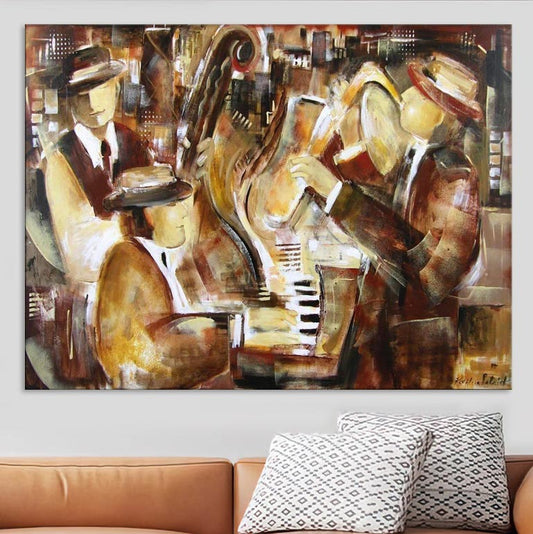 Original Music Artwork - Jazz Canvas Print hanging above a sofa.