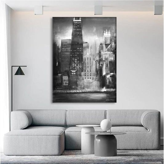 Chicago Street Scene Painting Print "Rush Street Chicago" - hung above a sofa