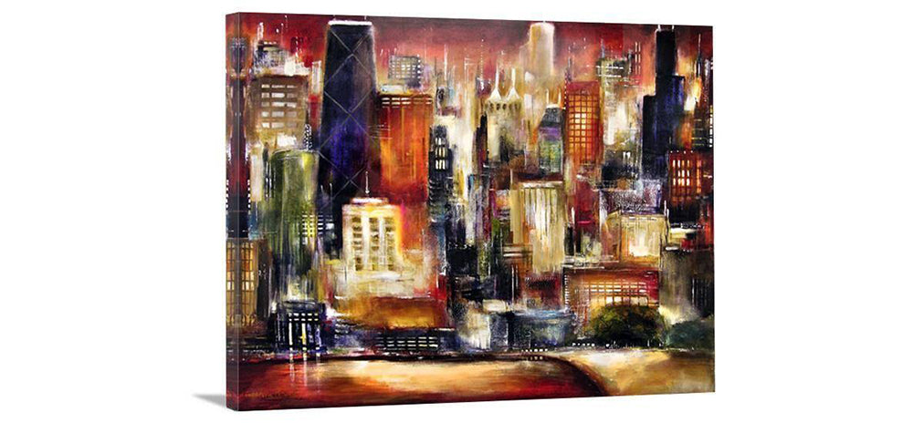 "Oak Beach Skyline in Chicago" is a ready to hang painting print on canvas
