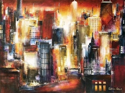 "On the Chicago River" is an imaginative painting of the skyline captured in glowing colors of golds, amber and browns