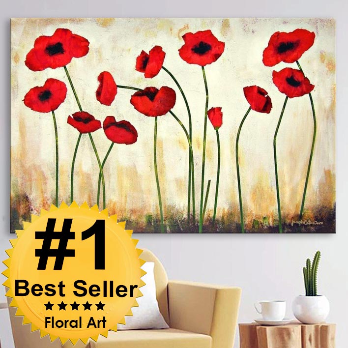 Red Poppy Print on Canvas in a room - "Bright Poppies"