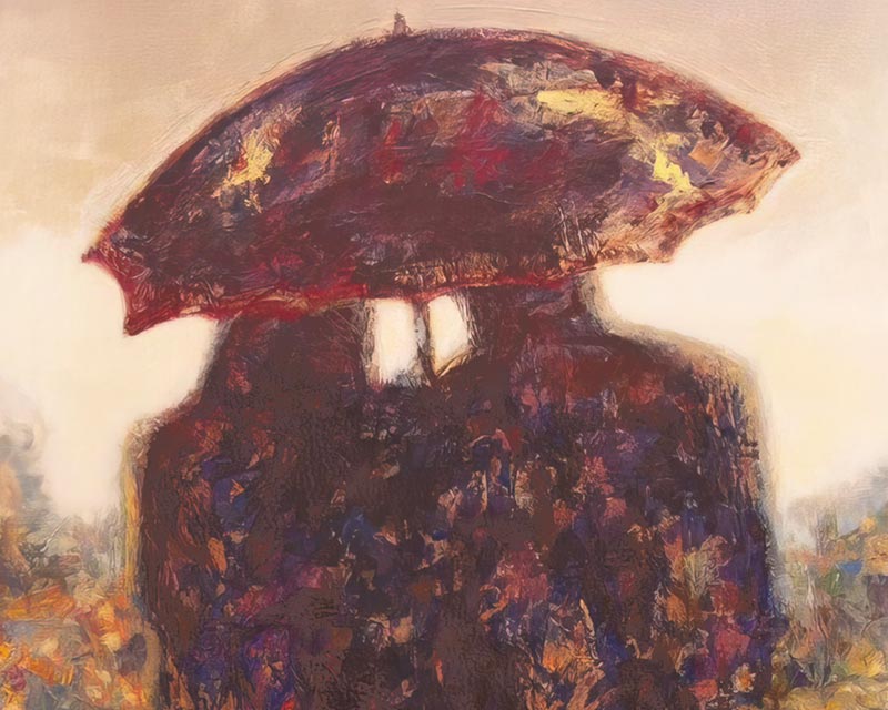 Custom Romantic Couple Under an Umbrella Painting detail closeup