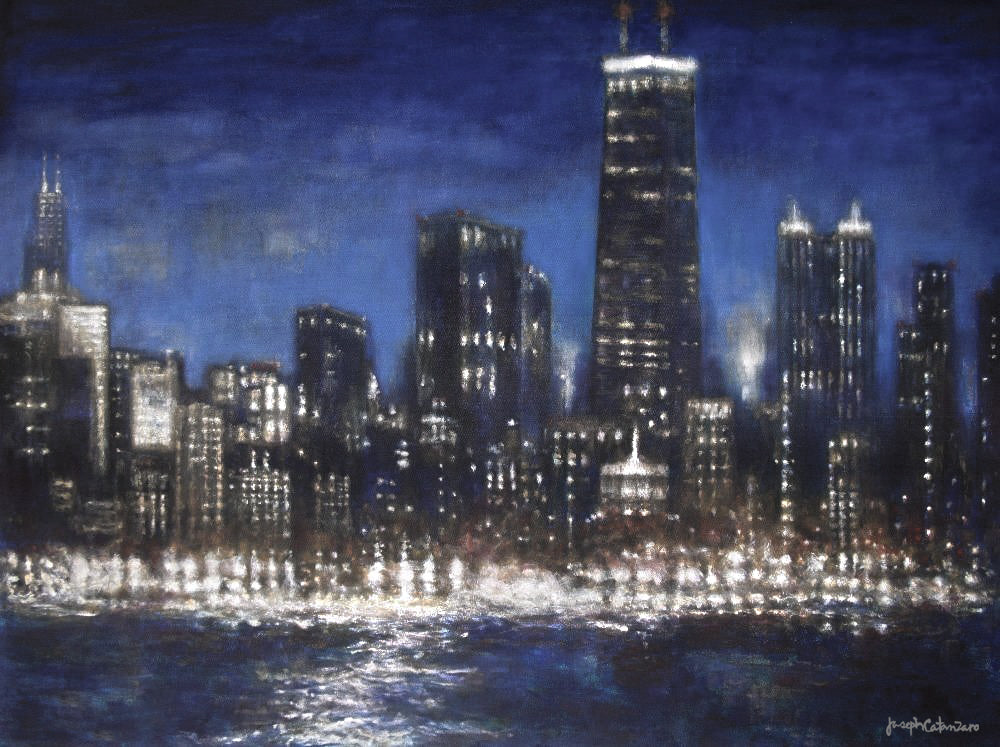 At Night is a painting of the Chicago skyline glowing with flickering city lights and bathed in blue color