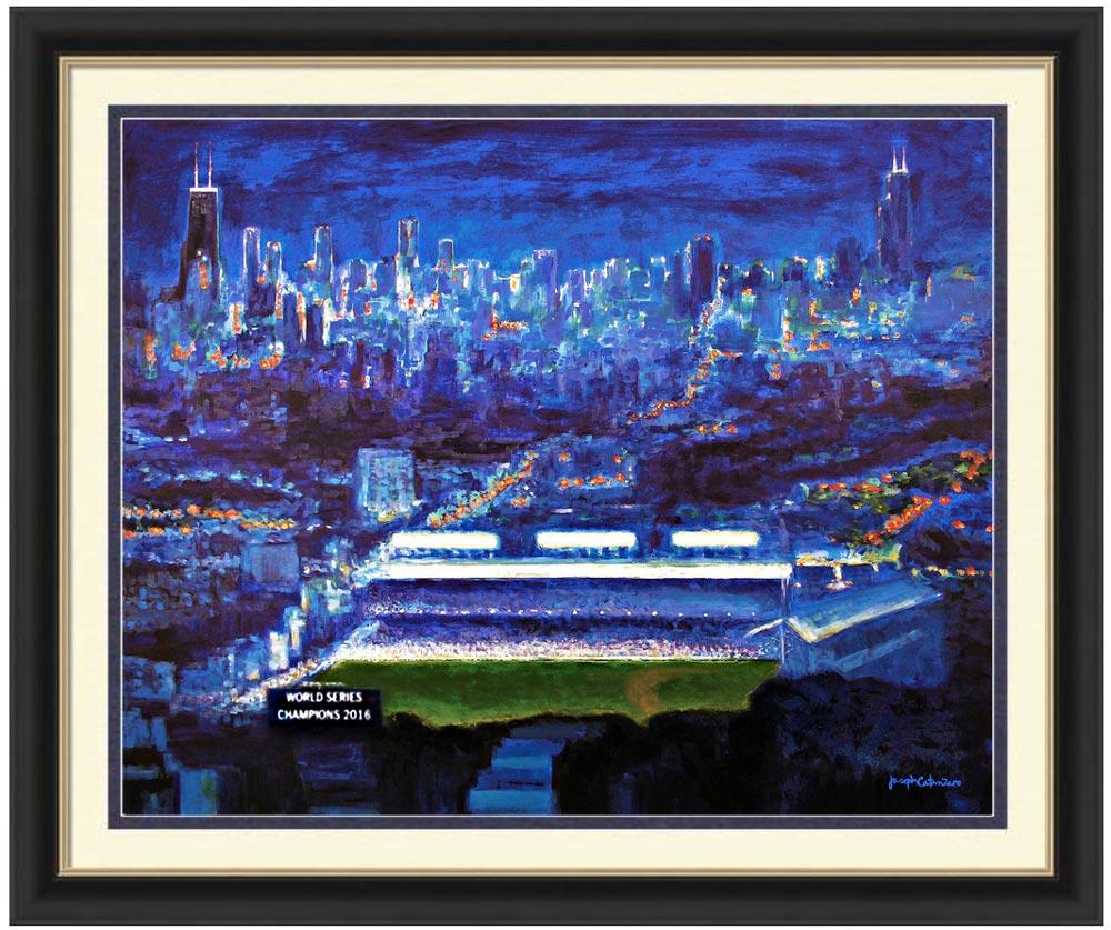 Framed print "Chicago Wrigley Field at Night" is based on an original Chicago painting created by artist Joseph Catanzaro. 